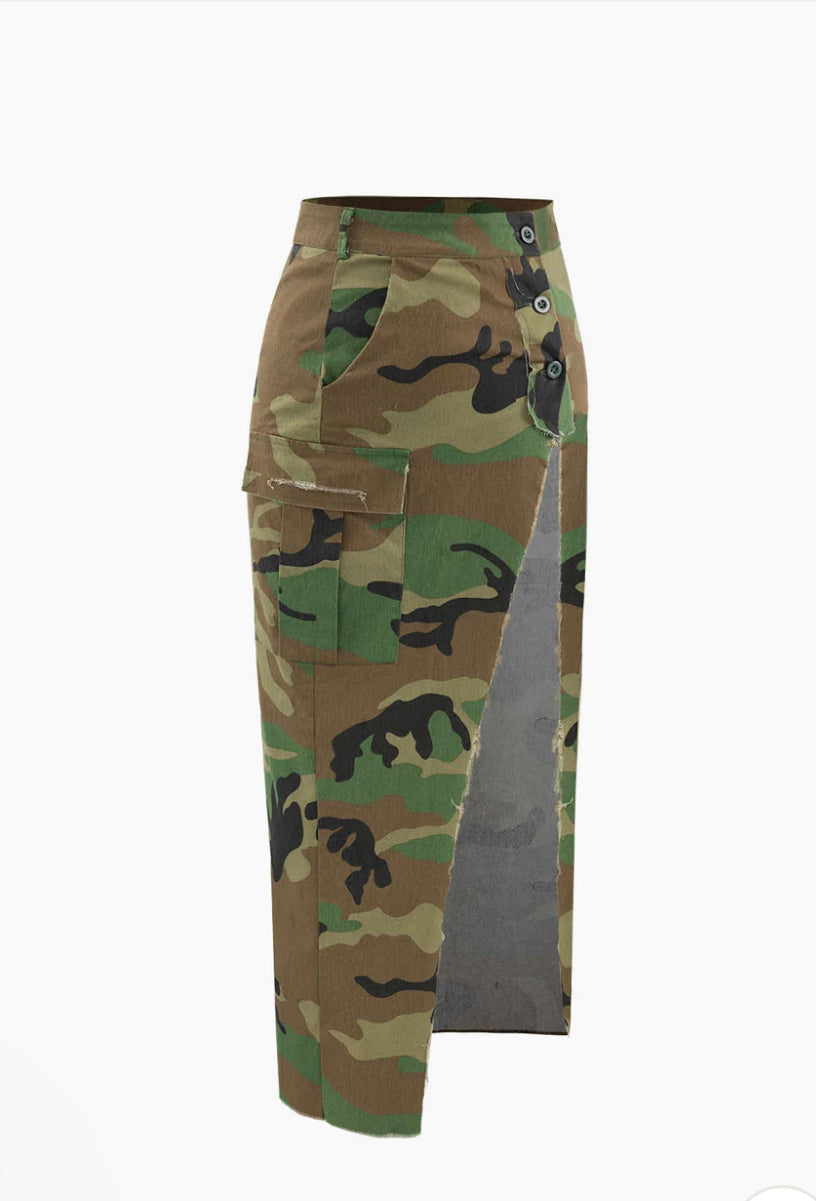 Leave It To Me Camo Slit Long Skirt